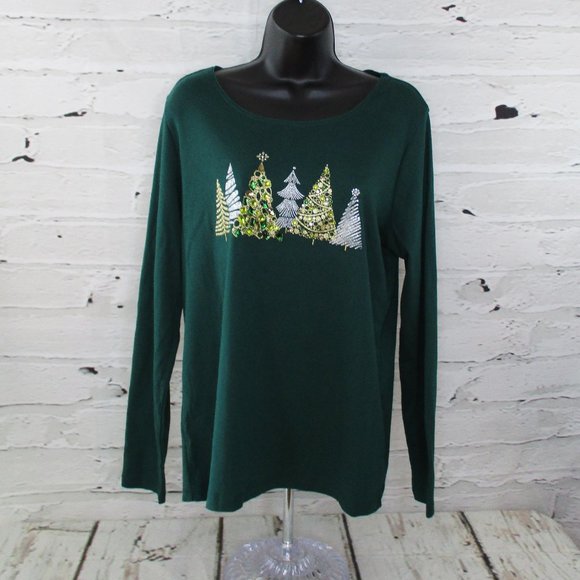 Karen Scott Embellished Holiday Long Sleeve Tee - Picture 1 of 11